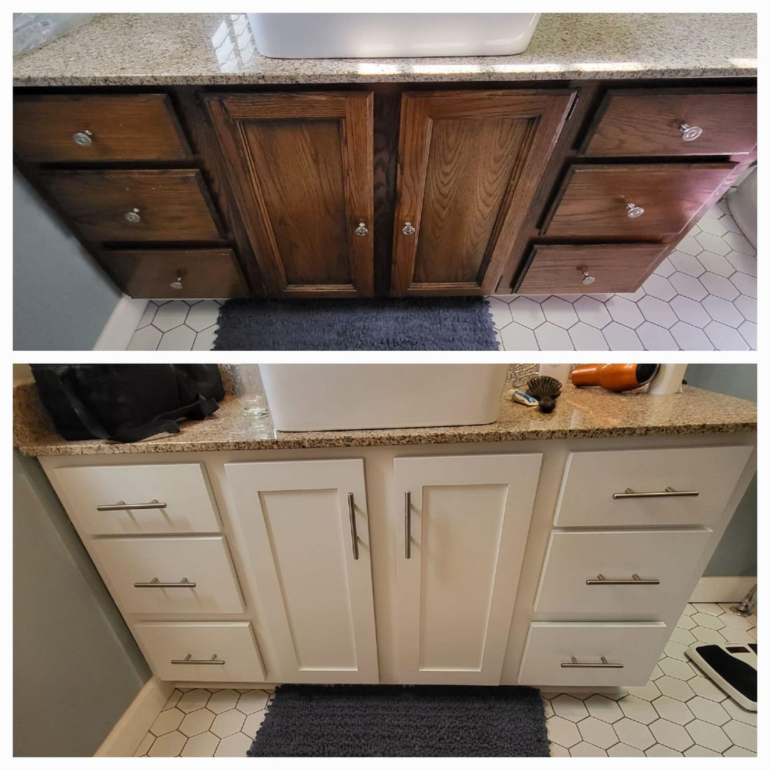 Bathroom vanity refinished from dark oak to white by ProCoats Painting Plus