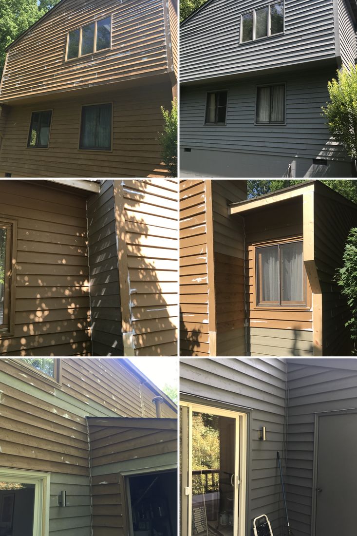 House exterior repainted from brown cedar to charcoal gray by ProCoats Painting Plus