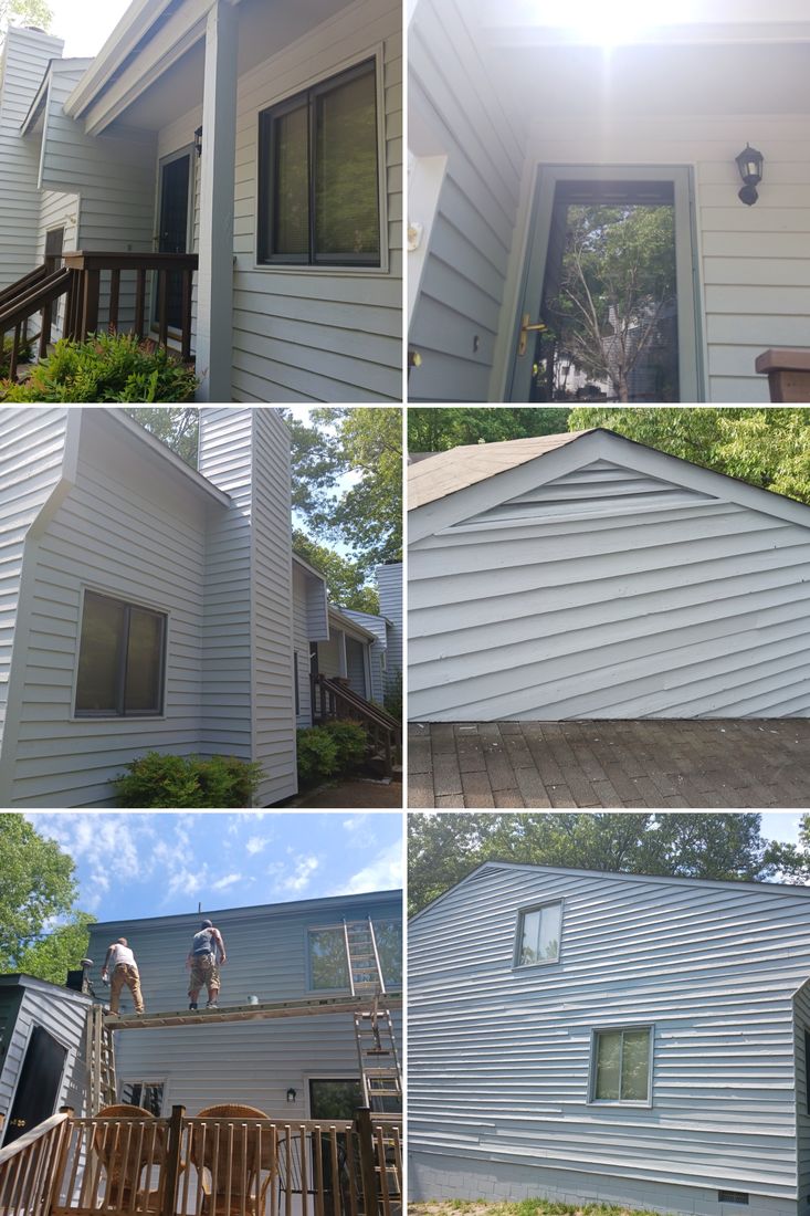 ProCoats crew on scaffolding painting upper siding and the finished exterior result